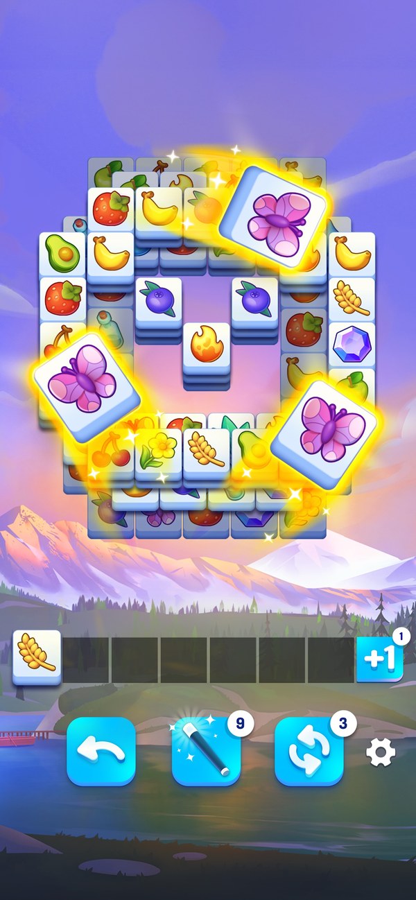 トリプルタイルのゲーム画面（タイルの絵柄や背景はステージごとに変わる）